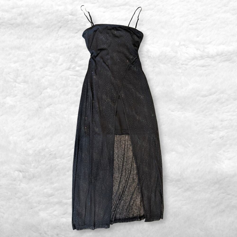 y2k fashion bug black glitter mesh formal dress maxi gown sz large